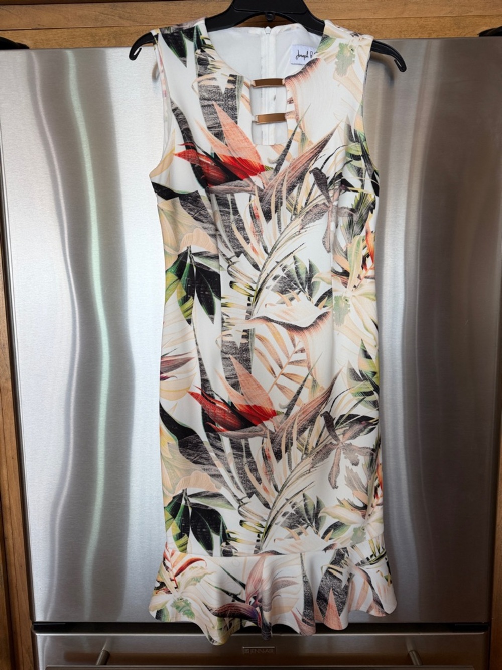 Joseph Ribkoff White Tropical Print Midi Dress with Ruffle Hem